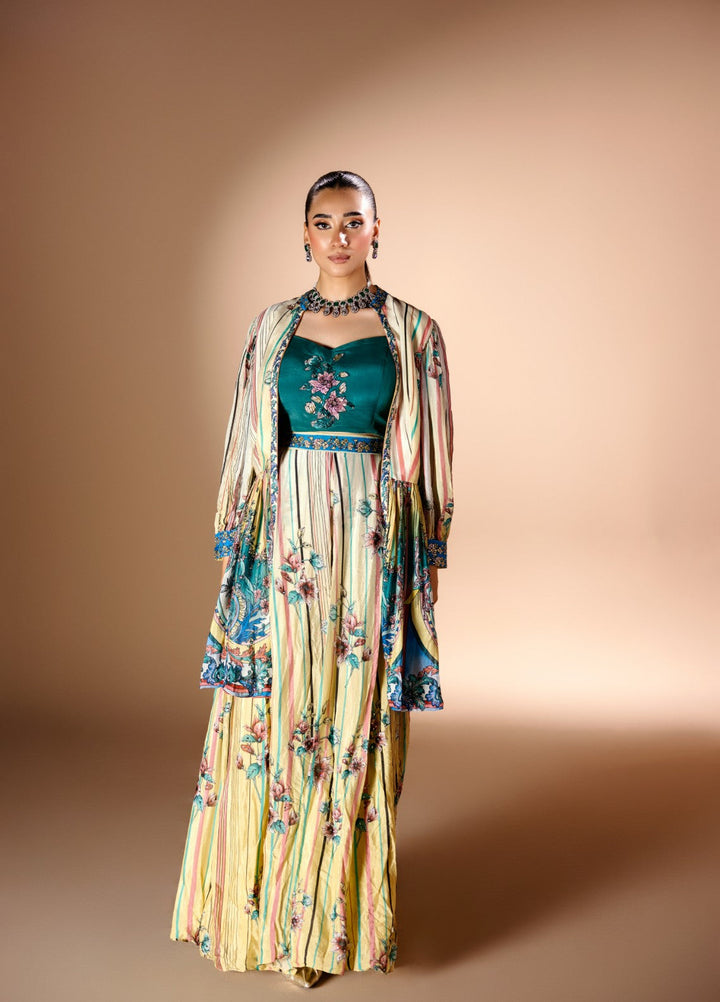 Gia by House Of Nyyra Women Pret Printed 3 Piece Bottle Green Blouse With Printed Pant Suit - Festive Collection