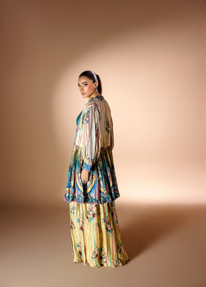 Gia by House Of Nyyra Women Pret Printed 3 Piece Bottle Green Blouse With Printed Pant Suit - Festive Collection