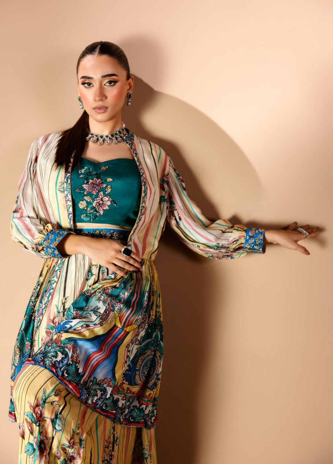 Gia by House Of Nyyra Women Pret Printed 3 Piece Bottle Green Blouse With Printed Pant Suit - Festive Collection