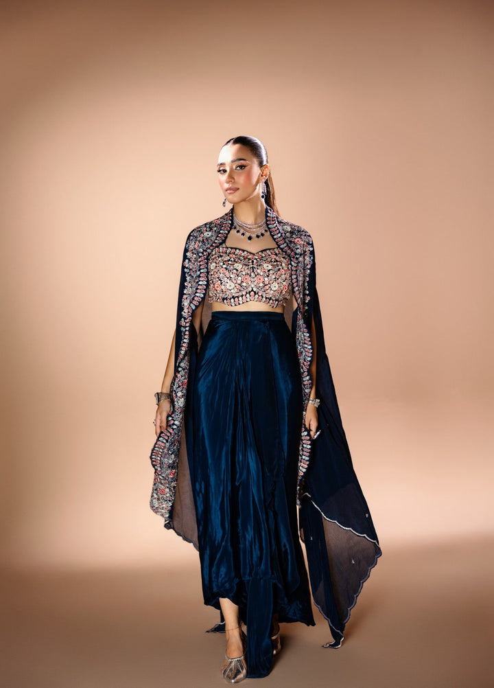 Gia by House Of Nyyra Women Pret Embroidered 3 Piece Navy Blue Silk Skirt With Georgette Blouse And Cape - Festive Collection