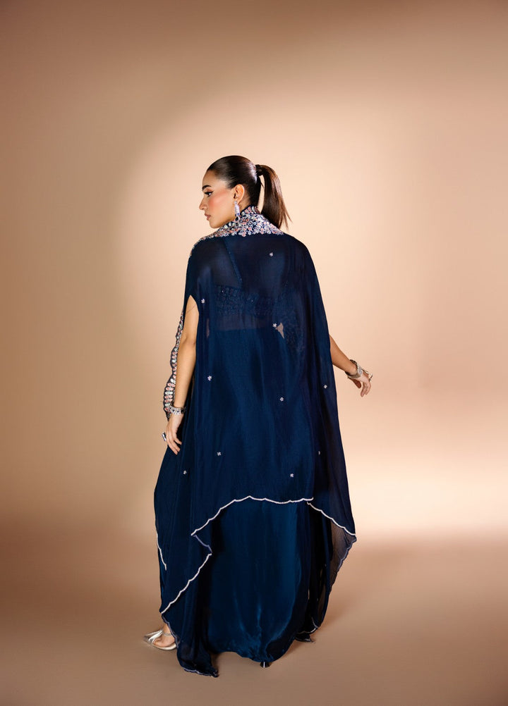 Gia by House Of Nyyra Women Pret Embroidered 3 Piece Navy Blue Silk Skirt With Georgette Blouse And Cape - Festive Collection