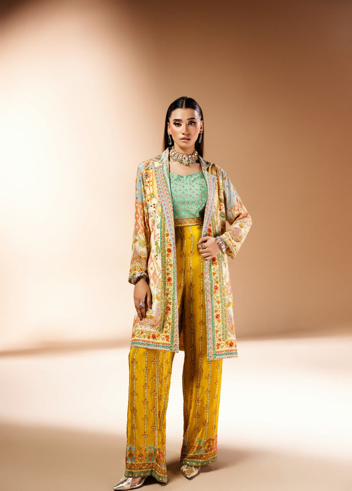 Gia by House Of Nyyra Women Pret Printed 3 Piece Vibrant Mustard And Mint Green Silk Co Ord Set - Festive Collection