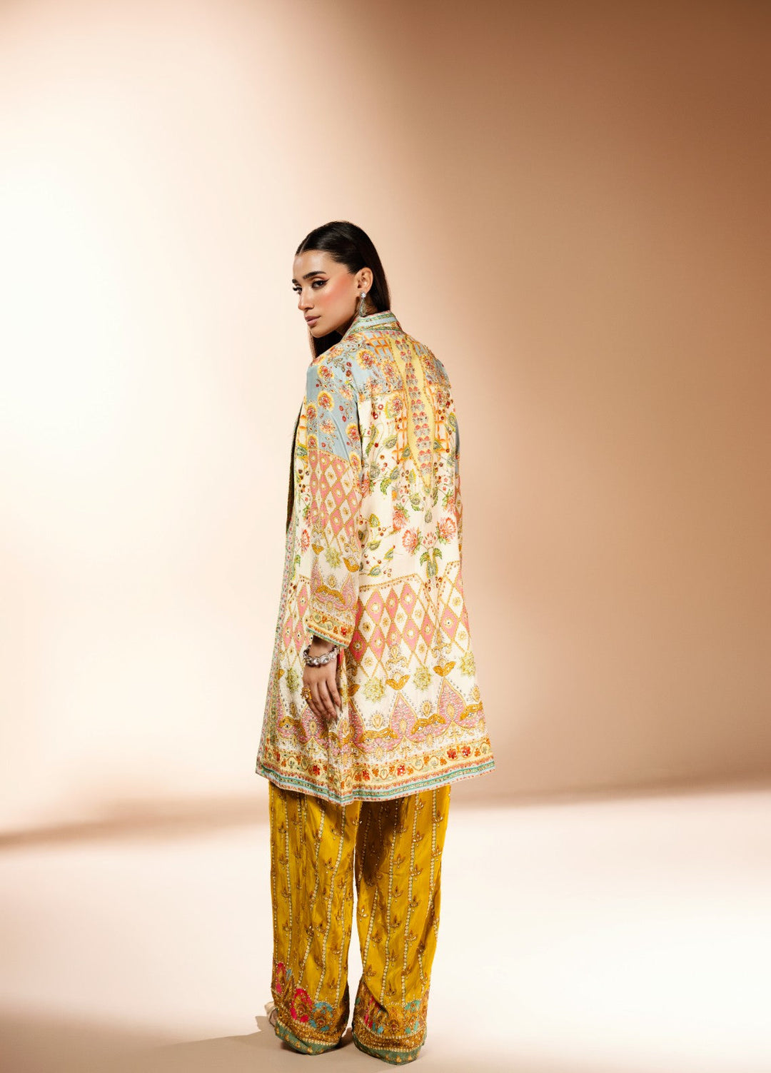 Gia by House Of Nyyra Women Pret Printed 3 Piece Vibrant Mustard And Mint Green Silk Co Ord Set - Festive Collection