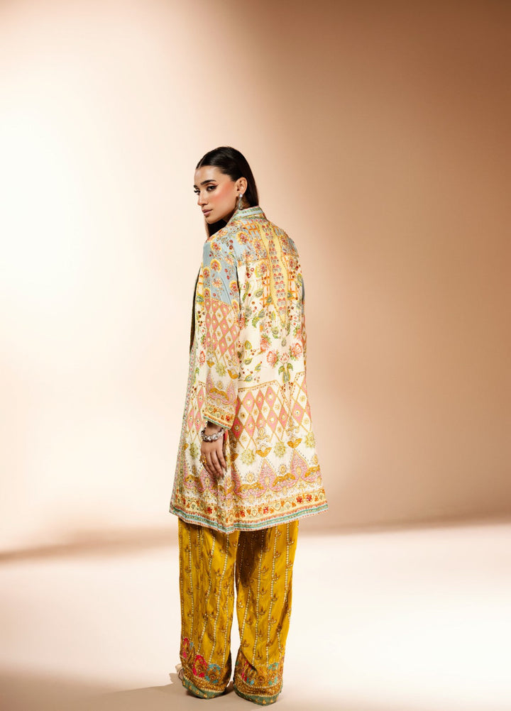 Gia by House Of Nyyra Women Pret Printed 3 Piece Vibrant Mustard And Mint Green Silk Co Ord Set - Festive Collection