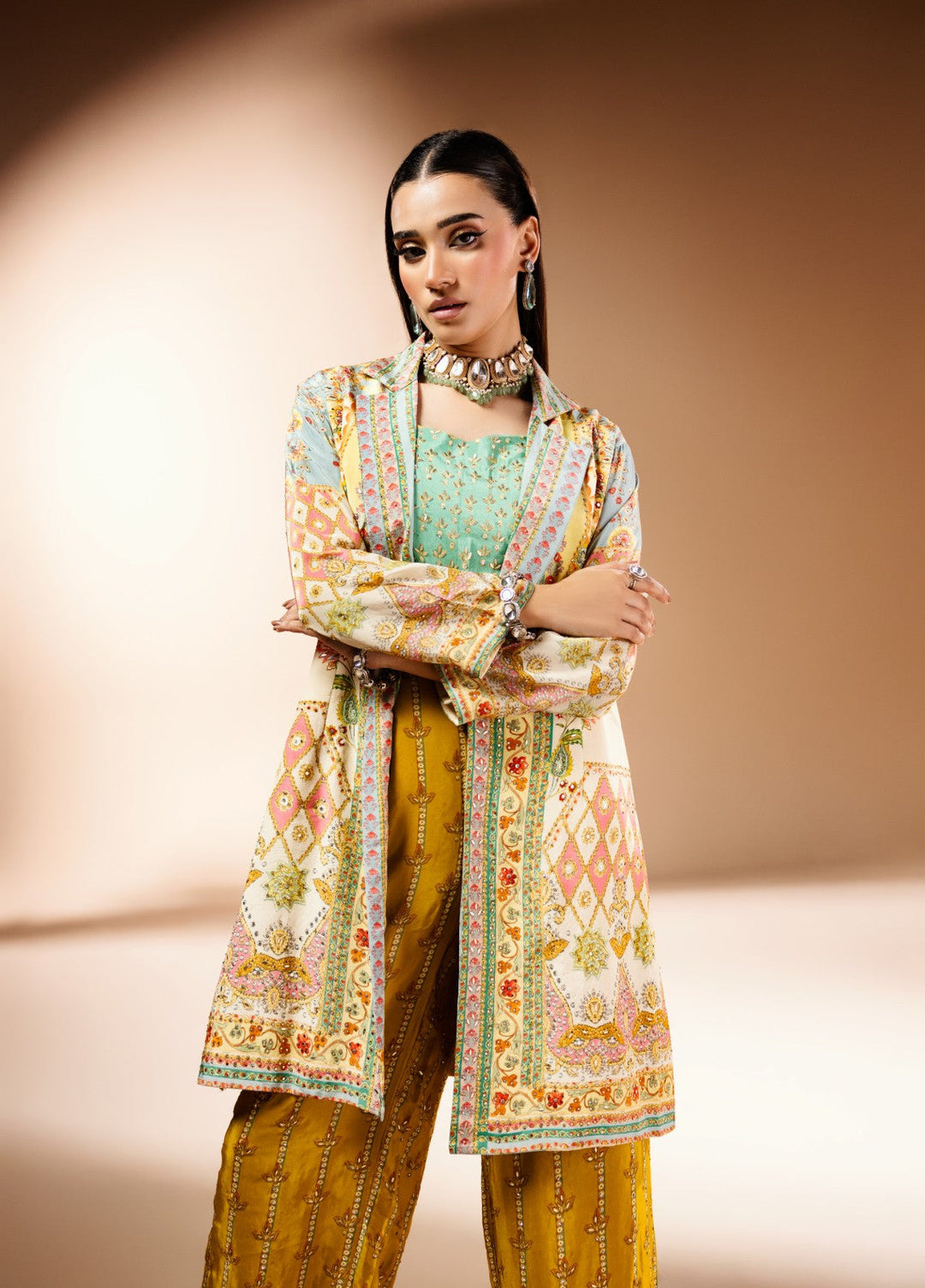 Gia by House Of Nyyra Women Pret Printed 3 Piece Vibrant Mustard And Mint Green Silk Co Ord Set - Festive Collection