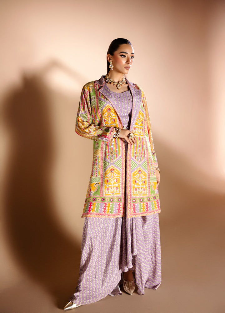 Gia by House Of Nyyra Women Pret Printed 3 Piece Lilac Jacket With Skirt Set - Festive Collection