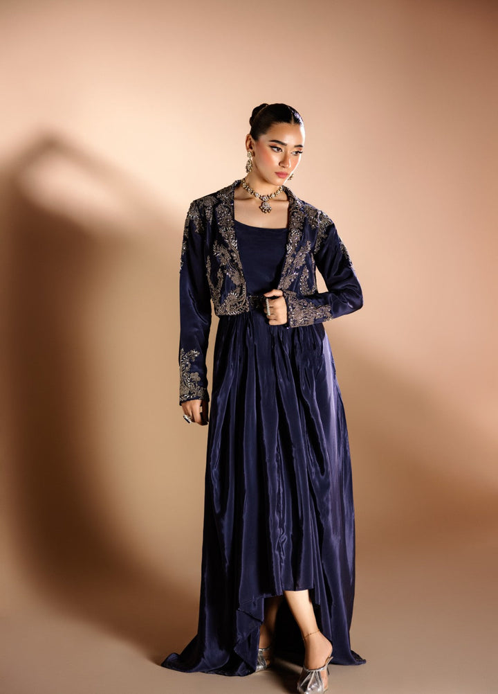 Gia by House Of Nyyra Women Pret Embroidered 3 Piece Navy Blue Silk Skirt Set With Embellished Jacket - Festive Collection