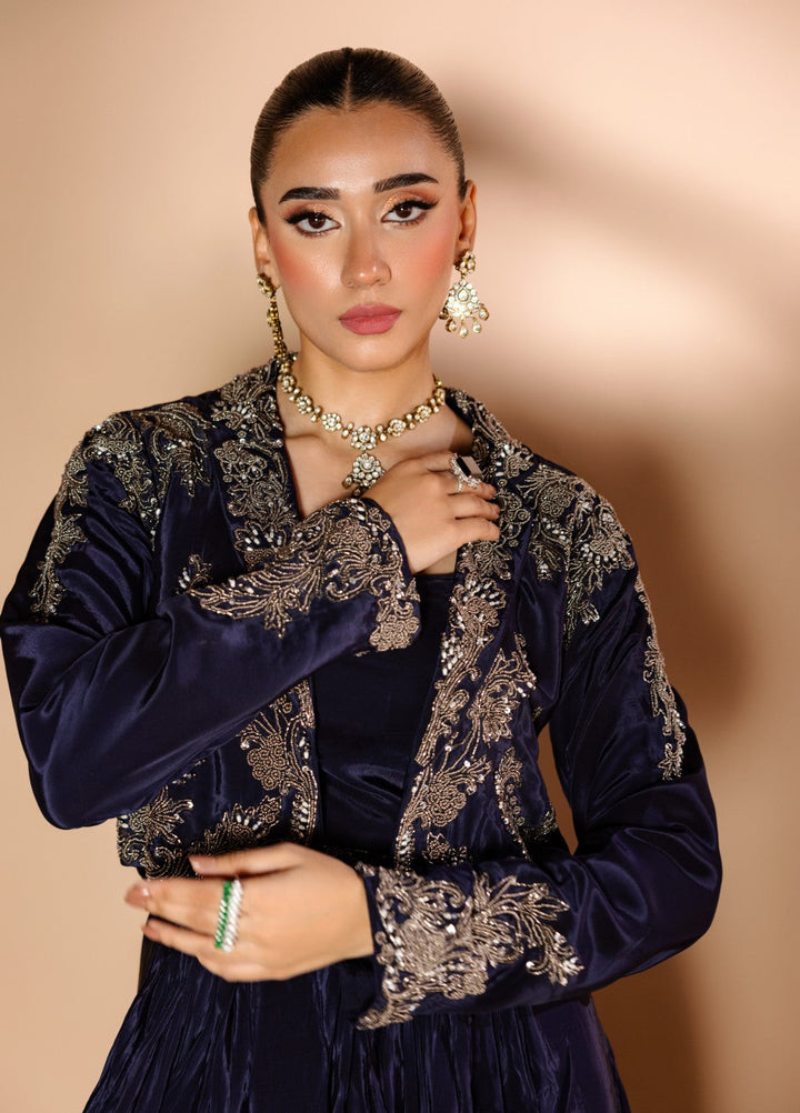 Gia by House Of Nyyra Women Pret Embroidered 3 Piece Navy Blue Silk Skirt Set With Embellished Jacket - Festive Collection