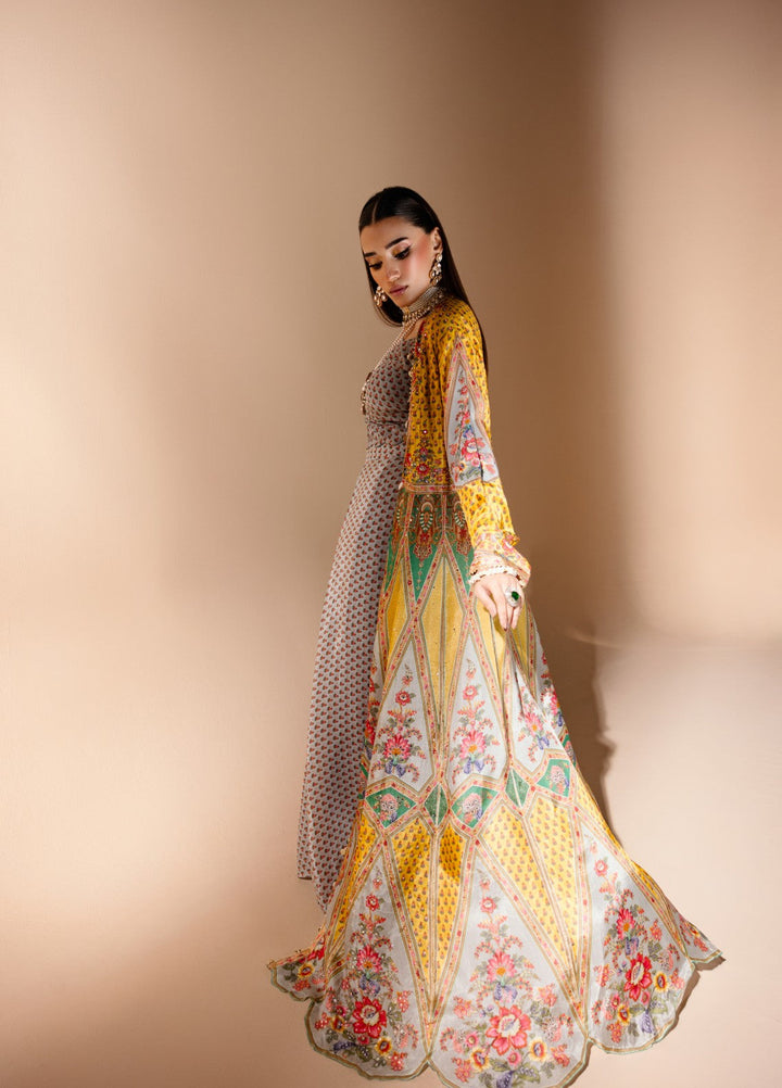 Gia by House Of Nyyra Women Pret Printed 3 Piece Grey And Mustard Crepe Skirt Set With Flared Jacket - Festive Collection