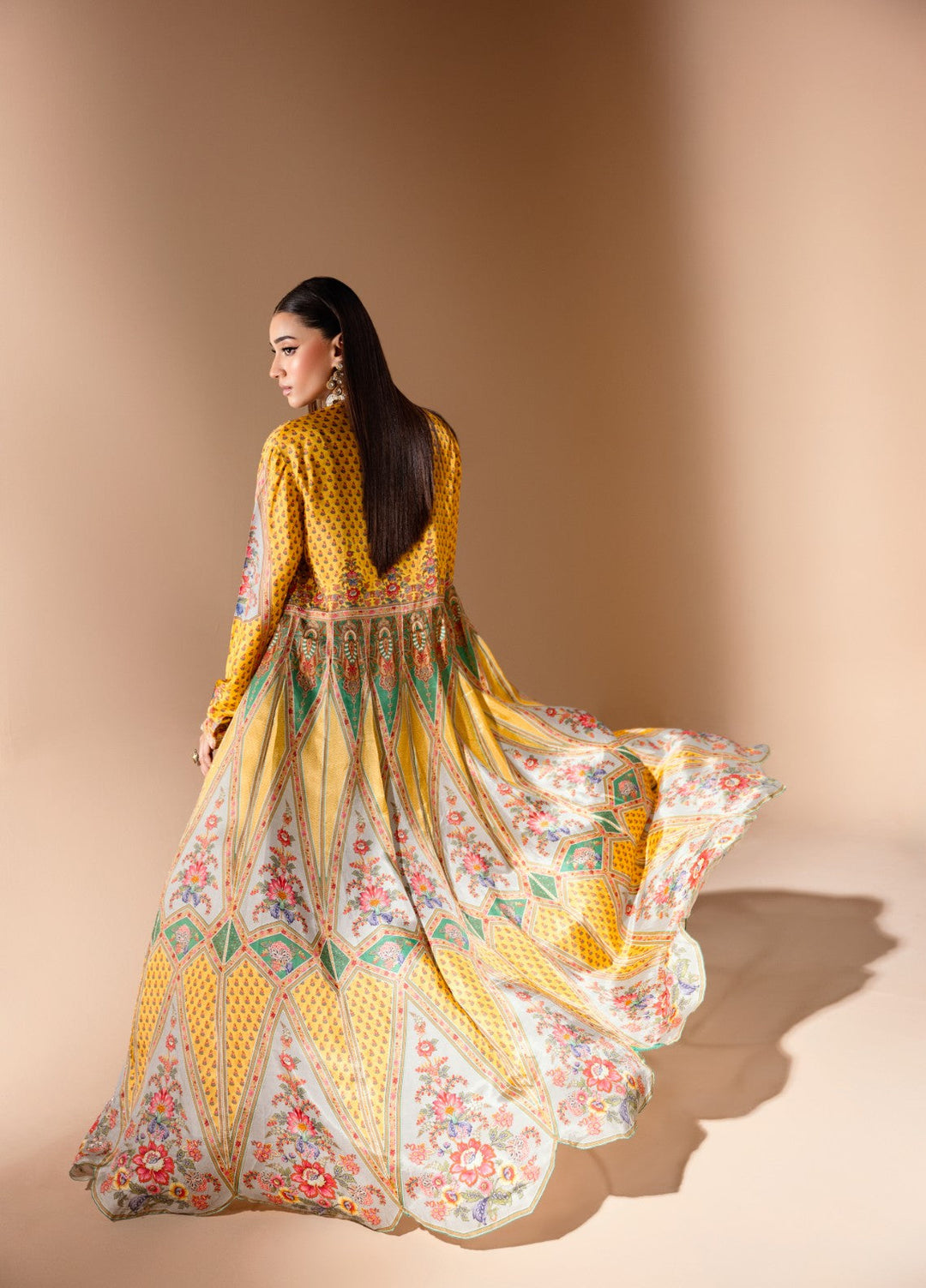 Gia by House Of Nyyra Women Pret Printed 3 Piece Grey And Mustard Crepe Skirt Set With Flared Jacket - Festive Collection