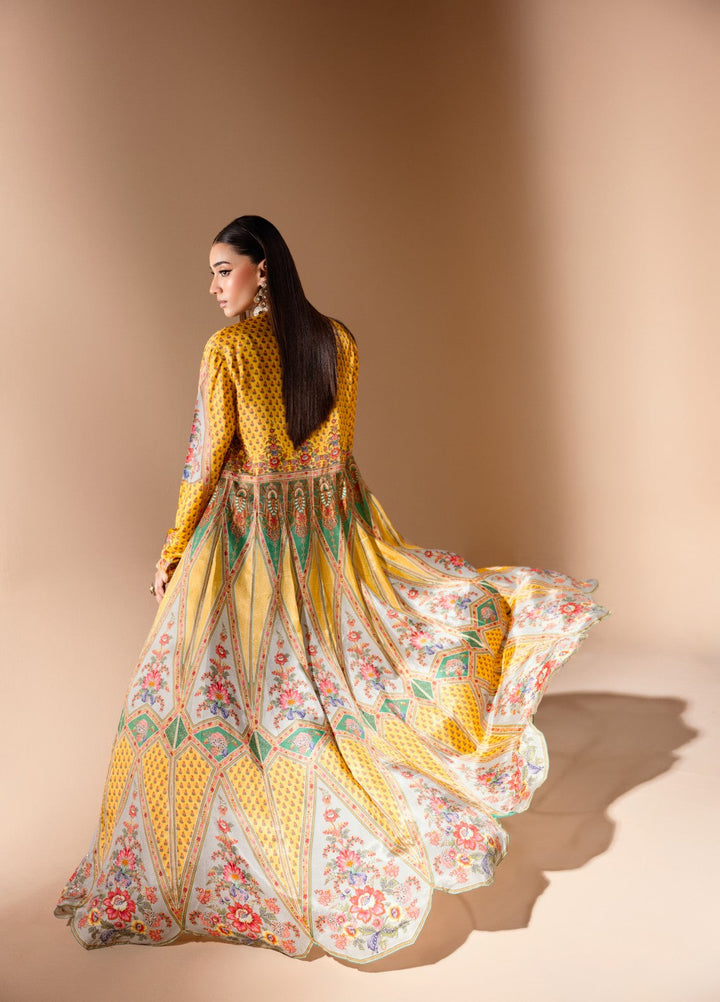 Gia by House Of Nyyra Women Pret Printed 3 Piece Grey And Mustard Crepe Skirt Set With Flared Jacket - Festive Collection