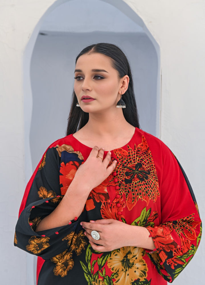 MG by Madiha Gohar Women Pret 1 Piece Printed Black and Red Kaftan - Casual Collection