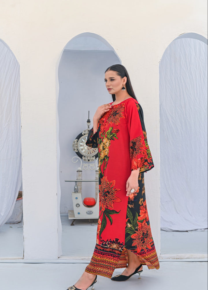 MG by Madiha Gohar Women Pret 1 Piece Printed Black and Red Kaftan - Casual Collection