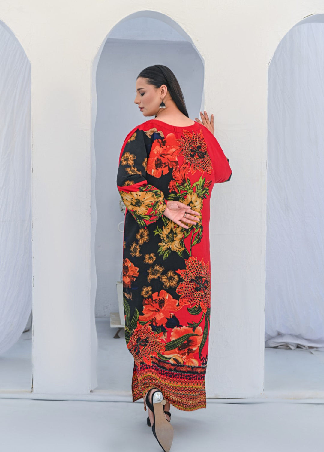 MG by Madiha Gohar Women Pret 1 Piece Printed Black and Red Kaftan - Casual Collection