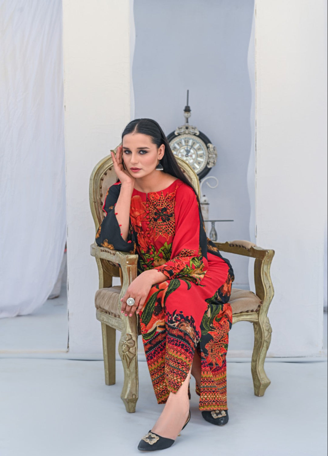MG by Madiha Gohar Women Pret 1 Piece Printed Black and Red Kaftan - Casual Collection