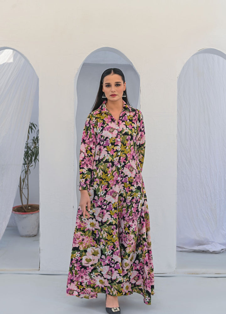 MG by Madiha Gohar Women Pret 1 Piece Printed Floral Black Aline Front open Long Shirt - Casual Collection