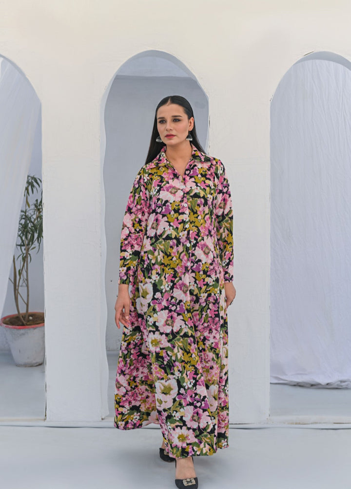 MG by Madiha Gohar Women Pret 1 Piece Printed Floral Black Aline Front open Long Shirt - Casual Collection