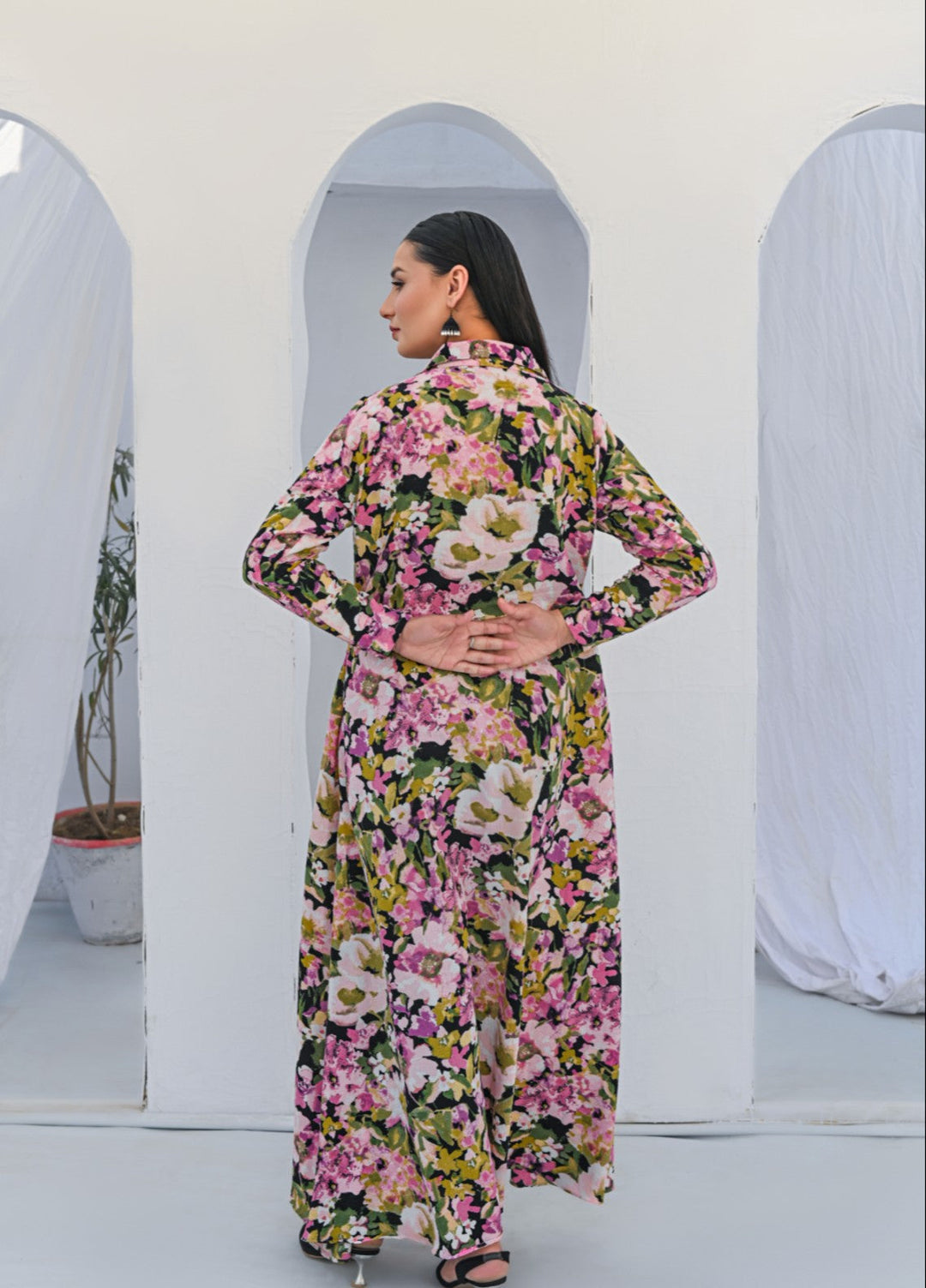 MG by Madiha Gohar Women Pret 1 Piece Printed Floral Black Aline Front open Long Shirt - Casual Collection