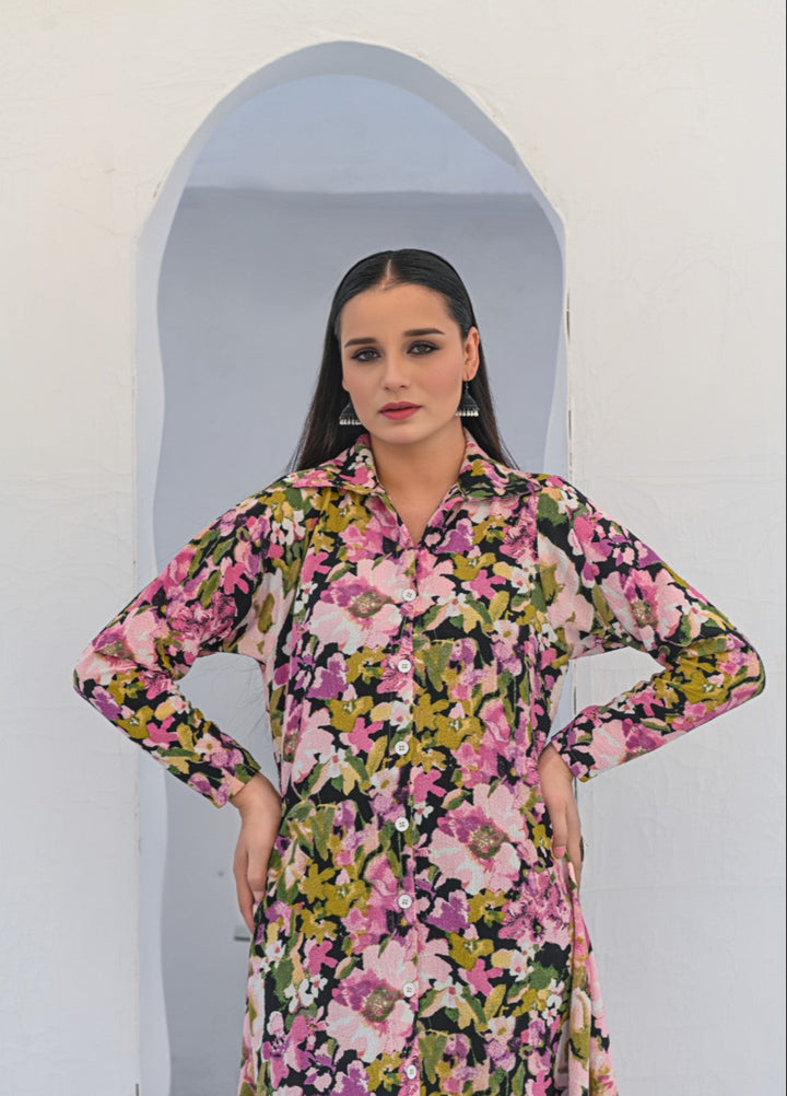 MG by Madiha Gohar Women Pret 1 Piece Printed Floral Black Aline Front open Long Shirt - Casual Collection