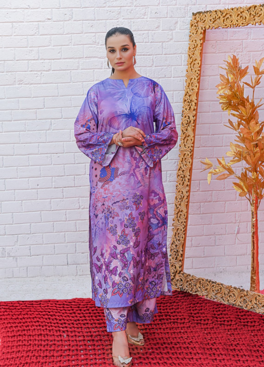 MG by Madiha Gohar Women Pret 2 Piece Printed Lilac Silk Coord Set Long Shirt - Casual Collection