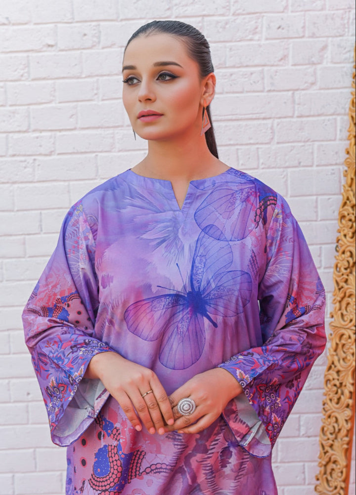 MG by Madiha Gohar Women Pret 2 Piece Printed Lilac Silk Coord Set Long Shirt - Casual Collection