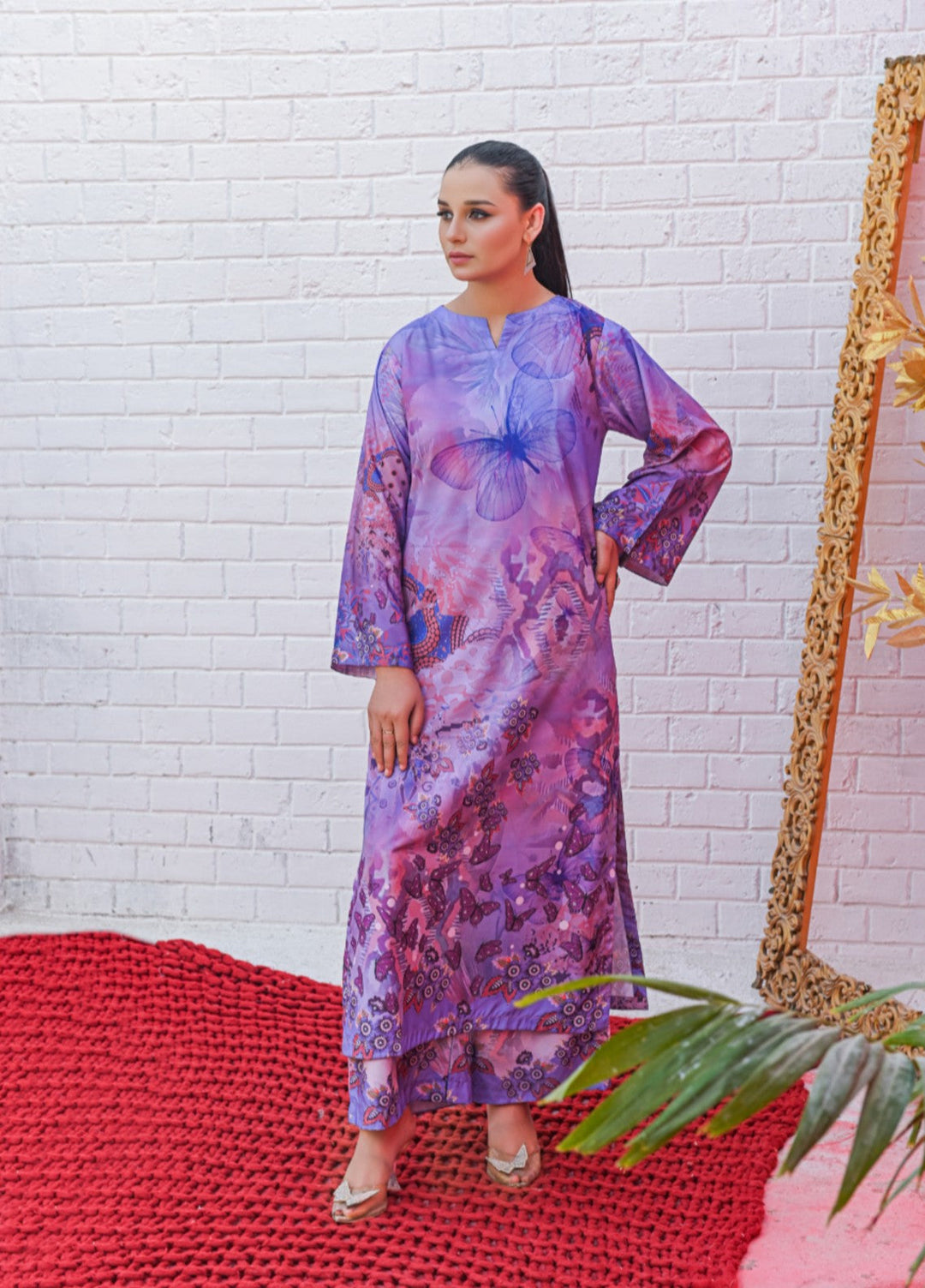 MG by Madiha Gohar Women Pret 2 Piece Printed Lilac Silk Coord Set Long Shirt - Casual Collection