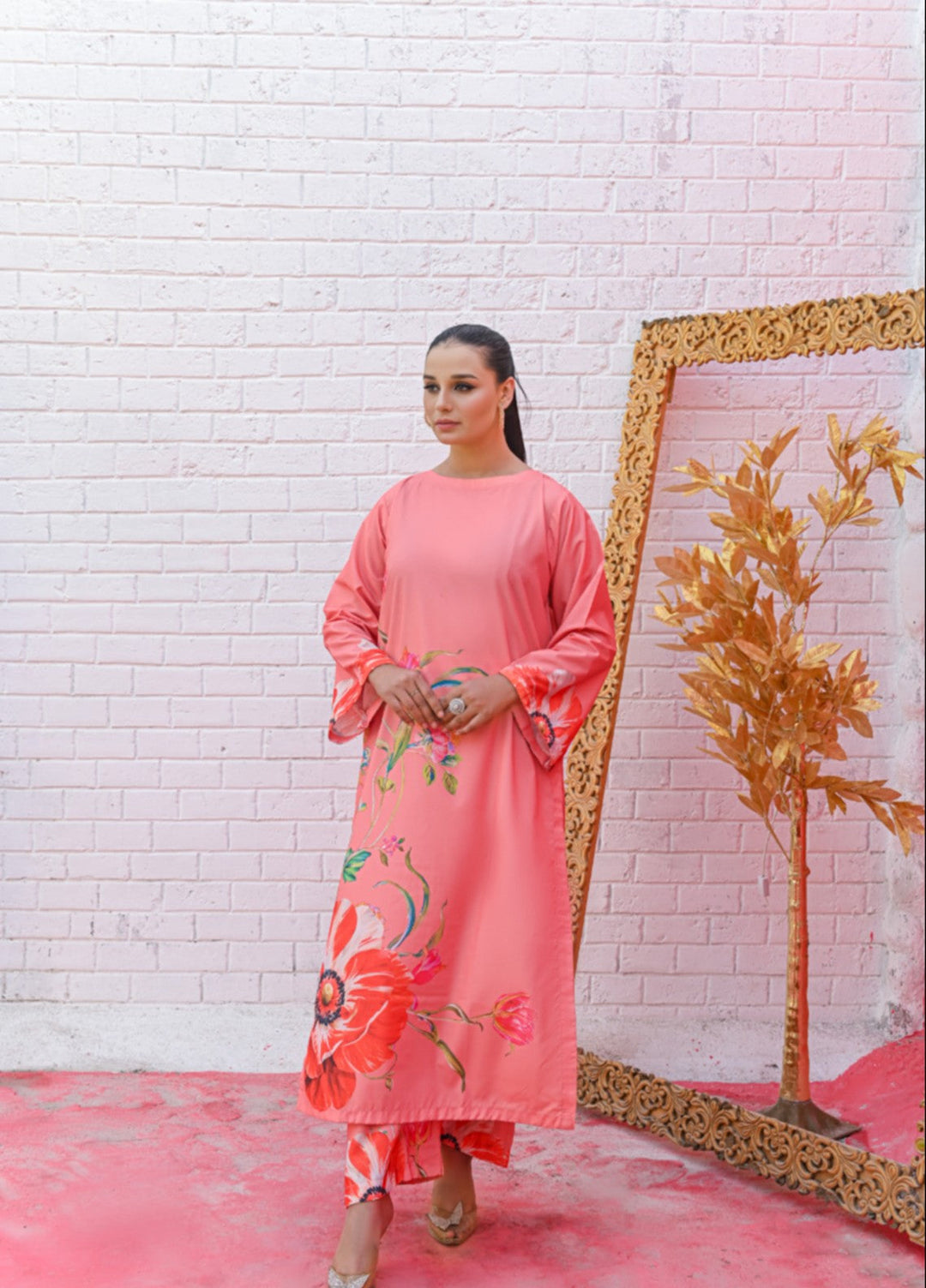 MG by Madiha Gohar Women Pret 2 Piece Printed Silk Coord Set Coral Peach floral - Casual Collection