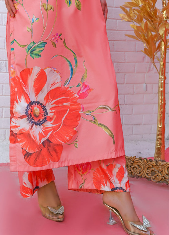 MG by Madiha Gohar Women Pret 2 Piece Printed Silk Coord Set Coral Peach floral - Casual Collection