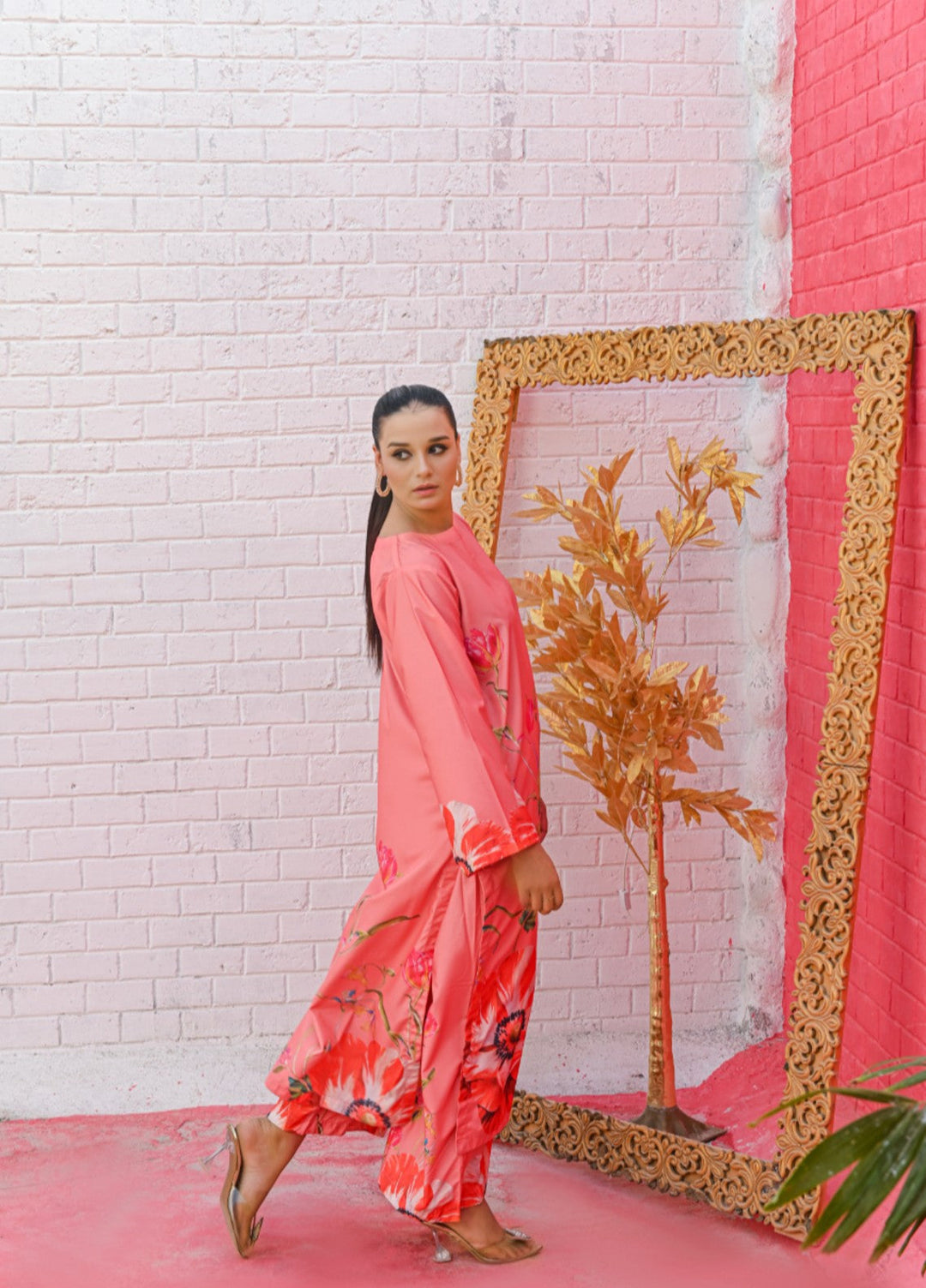 MG by Madiha Gohar Women Pret 2 Piece Printed Silk Coord Set Coral Peach floral - Casual Collection