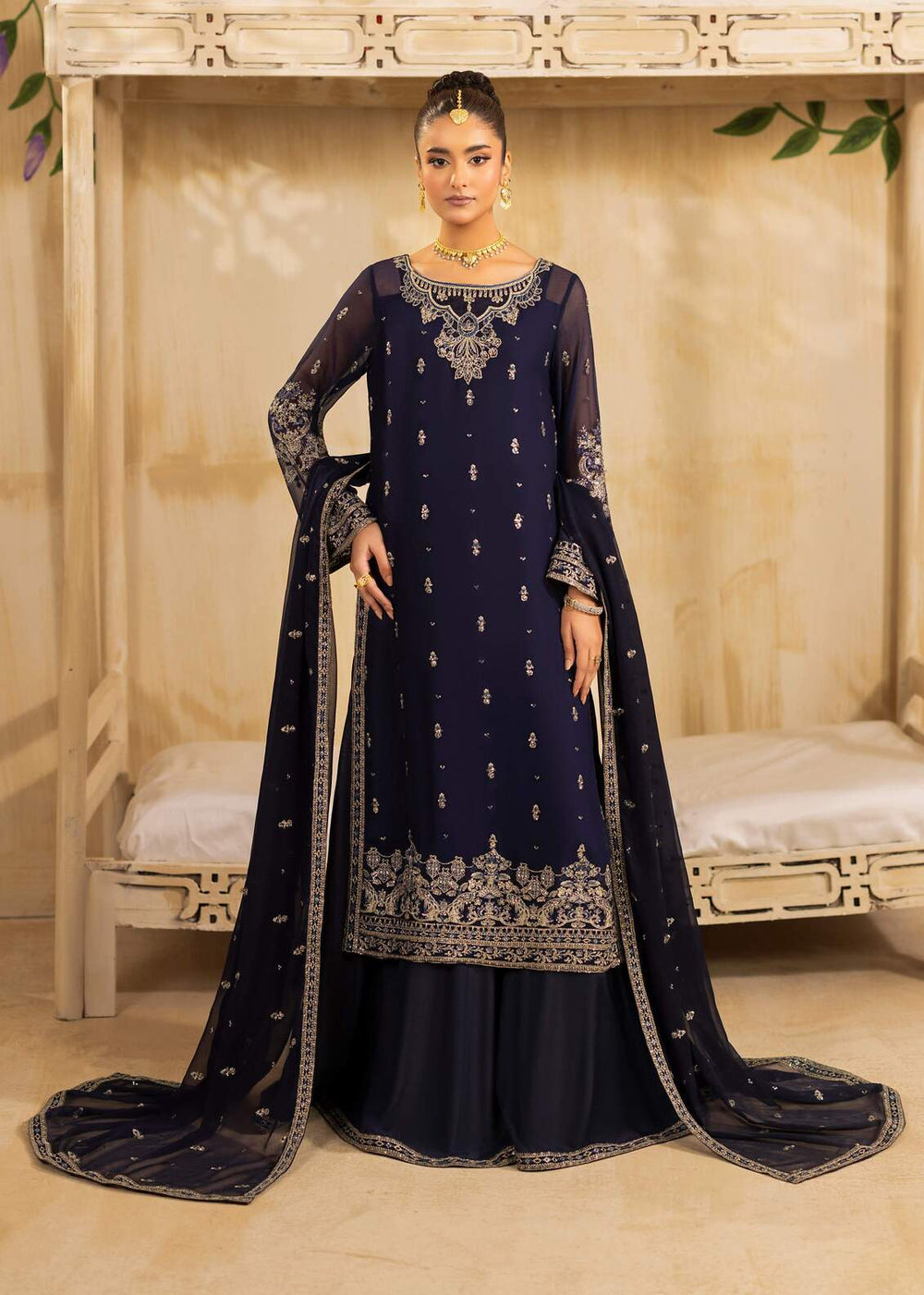 Riwayat by Eileen Pret Embroidered Chiffon 4 Piece Suit C10-Sabrina Navy Blue - Festive Collection