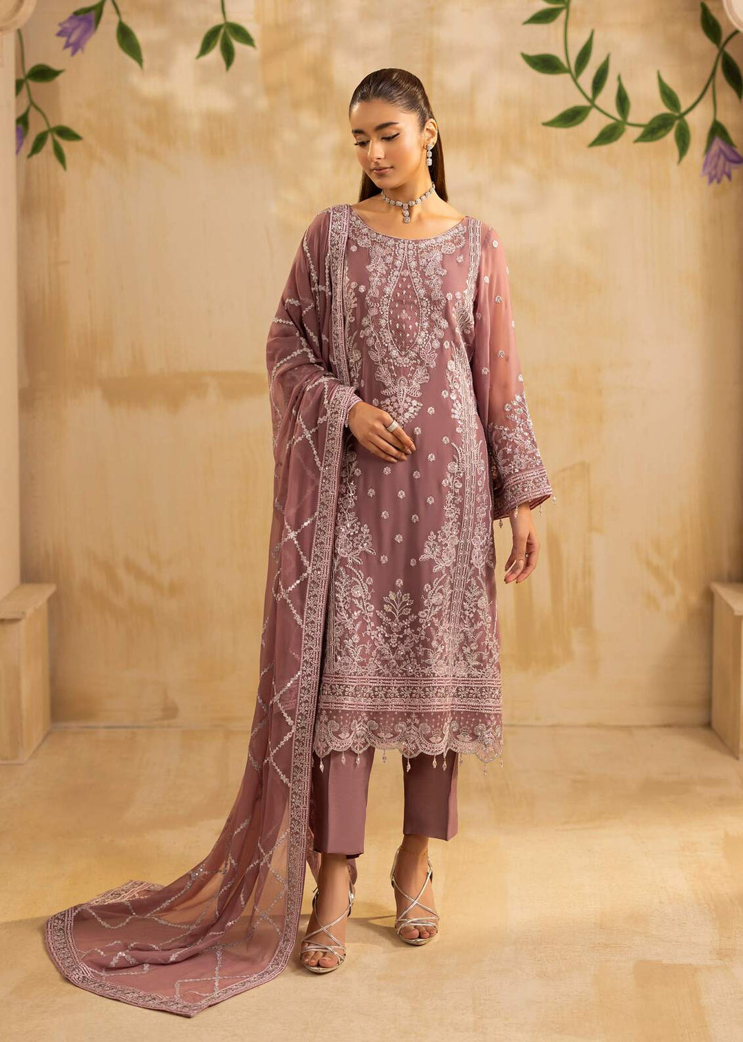 Riwayat by Eileen Pret Embroidered Chiffon 4 Piece Suit C11-Camilla Lilac - Festive Collection