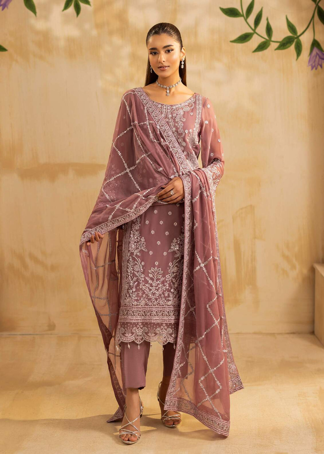 Riwayat by Eileen Pret Embroidered Chiffon 4 Piece Suit C11-Camilla Lilac - Festive Collection