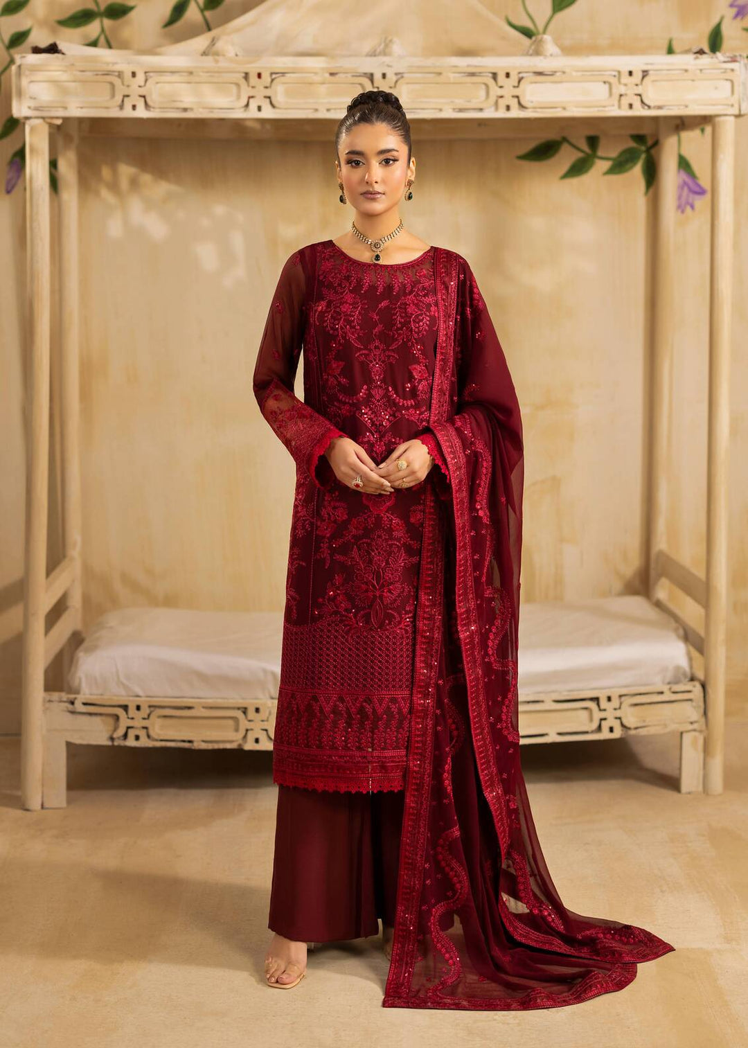 Riwayat by Eileen Pret Embroidered Chiffon 4 Piece Suit C12-Haseen Mahroon - Festive Collection