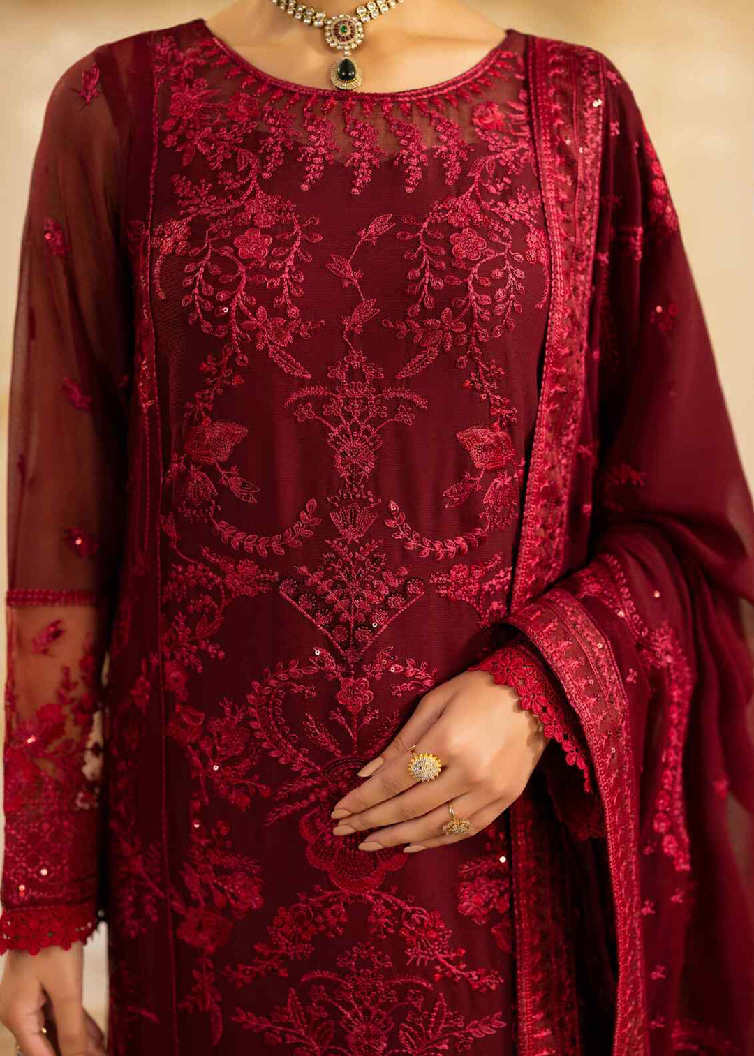 Riwayat by Eileen Pret Embroidered Chiffon 4 Piece Suit C12-Haseen Mahroon - Festive Collection