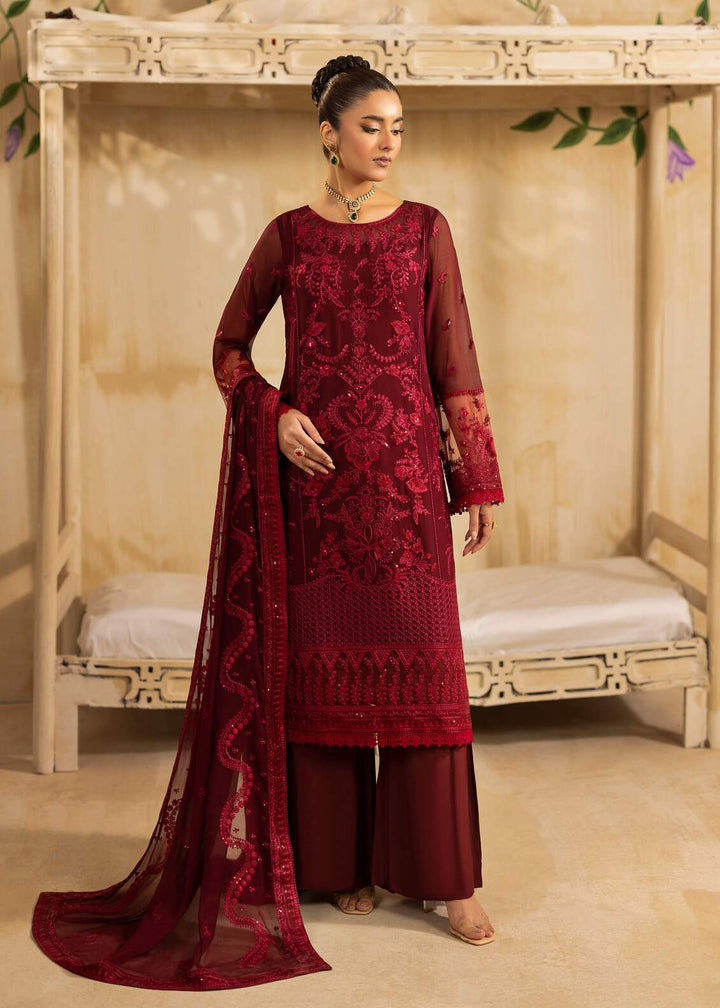 Riwayat by Eileen Pret Embroidered Chiffon 4 Piece Suit C12-Haseen Mahroon - Festive Collection