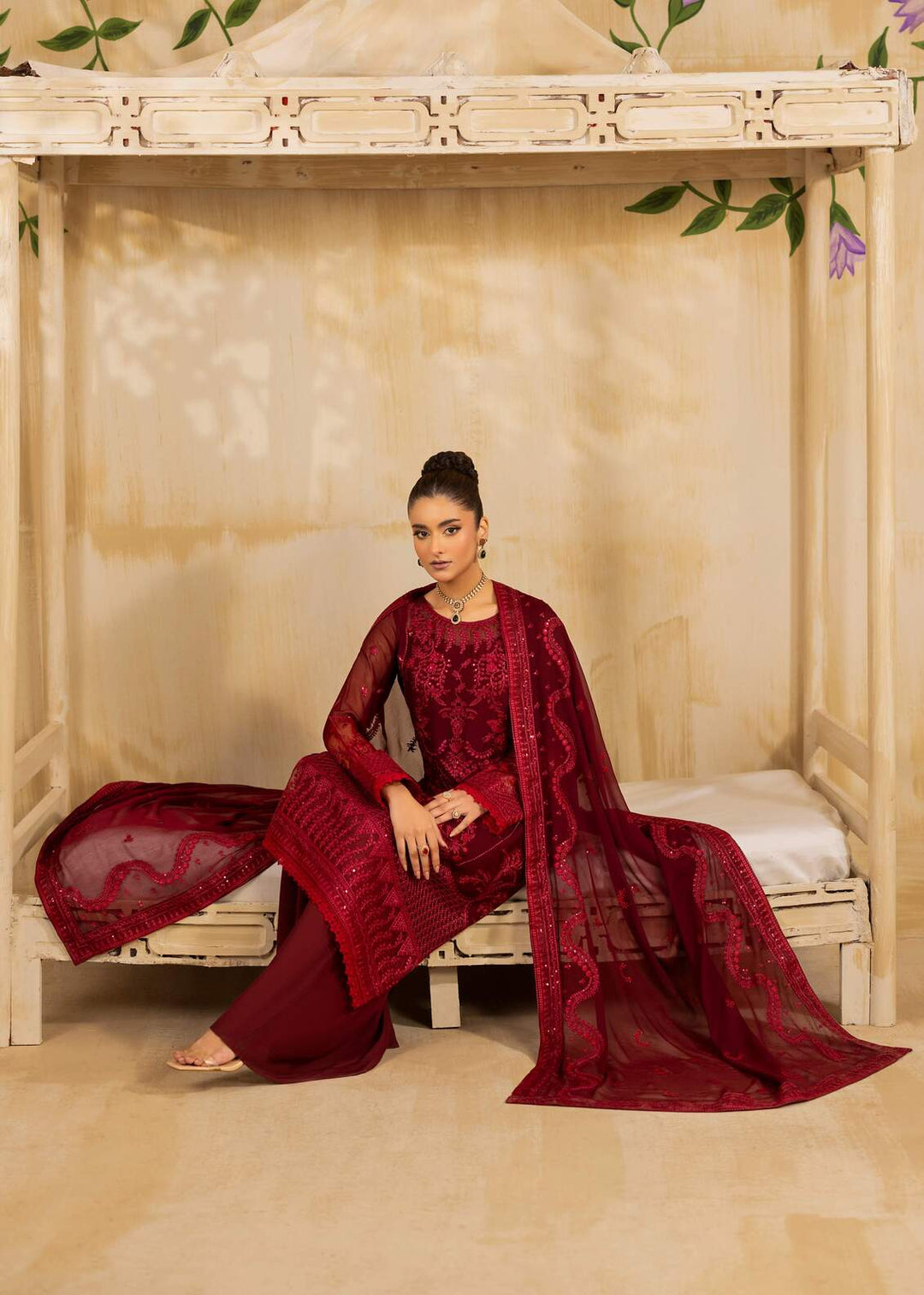 Riwayat by Eileen Pret Embroidered Chiffon 4 Piece Suit C12-Haseen Mahroon - Festive Collection