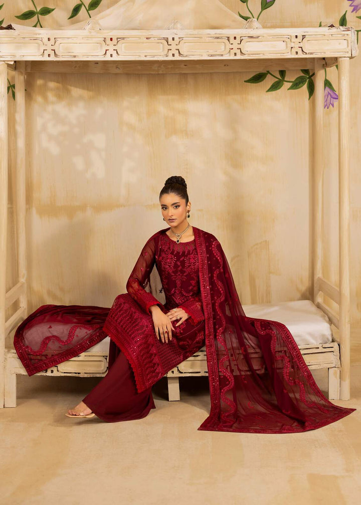 Riwayat by Eileen Pret Embroidered Chiffon 4 Piece Suit C12-Haseen Mahroon - Festive Collection