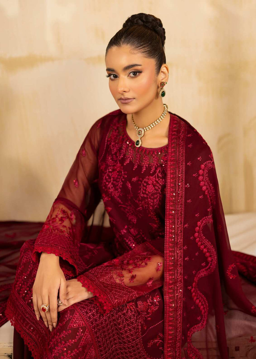 Riwayat by Eileen Pret Embroidered Chiffon 4 Piece Suit C12-Haseen Mahroon - Festive Collection