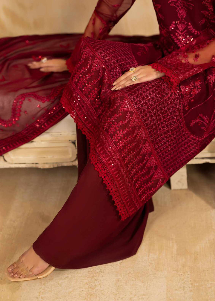 Riwayat by Eileen Pret Embroidered Chiffon 4 Piece Suit C12-Haseen Mahroon - Festive Collection