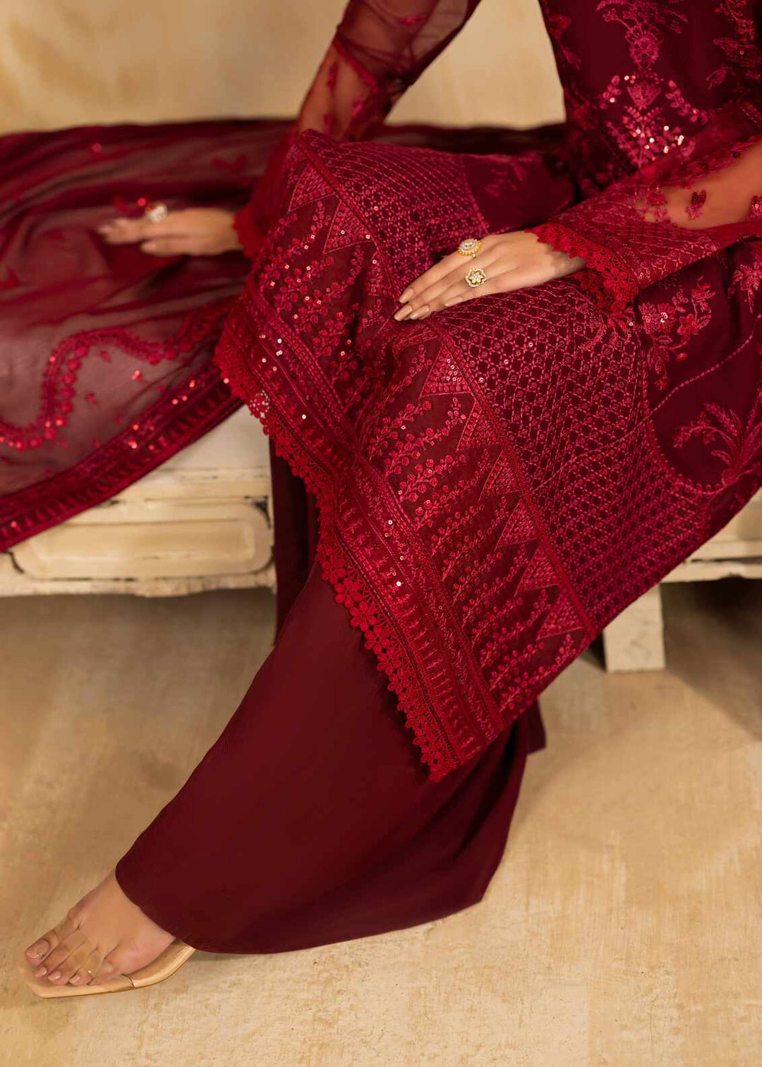 Riwayat by Eileen Pret Embroidered Chiffon 4 Piece Suit C12-Haseen Mahroon - Festive Collection