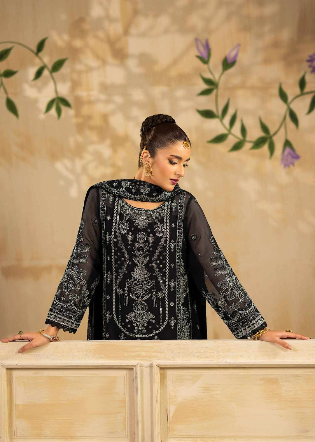 Riwayat by Eileen Pret Embroidered Chiffon 4 Piece Suit C13-Ayzel Black - Festive Collection