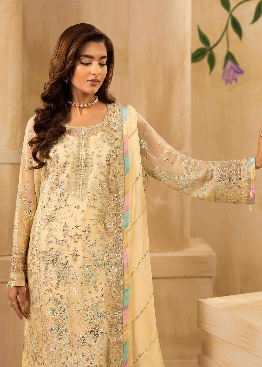 Riwayat by Eileen Pret Embroidered Chiffon 4 Piece Suit C14-Mahrosh Cream - Festive Collection