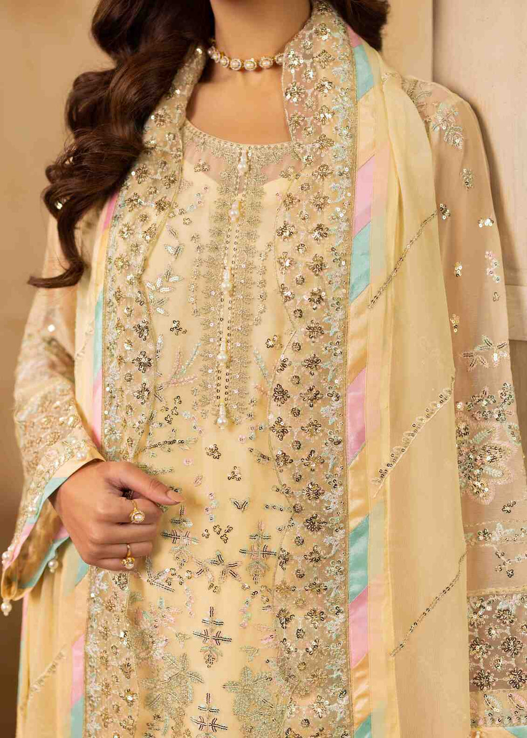 Riwayat by Eileen Pret Embroidered Chiffon 4 Piece Suit C14-Mahrosh Cream - Festive Collection