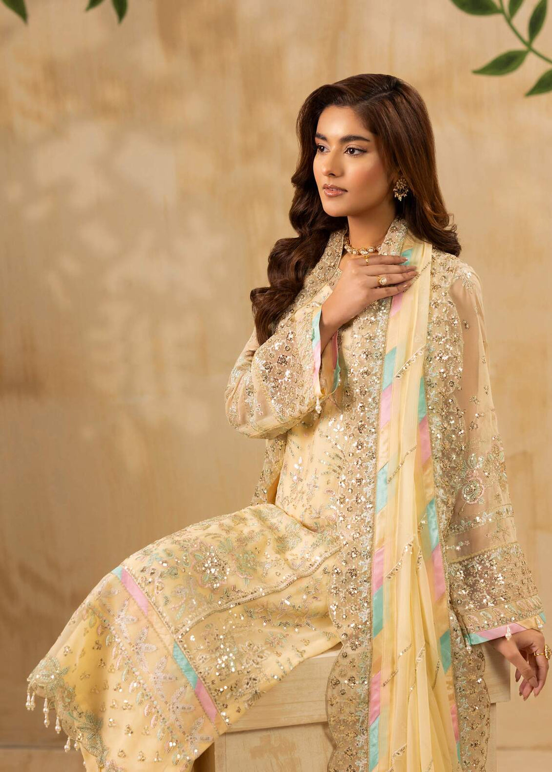 Riwayat by Eileen Pret Embroidered Chiffon 4 Piece Suit C14-Mahrosh Cream - Festive Collection
