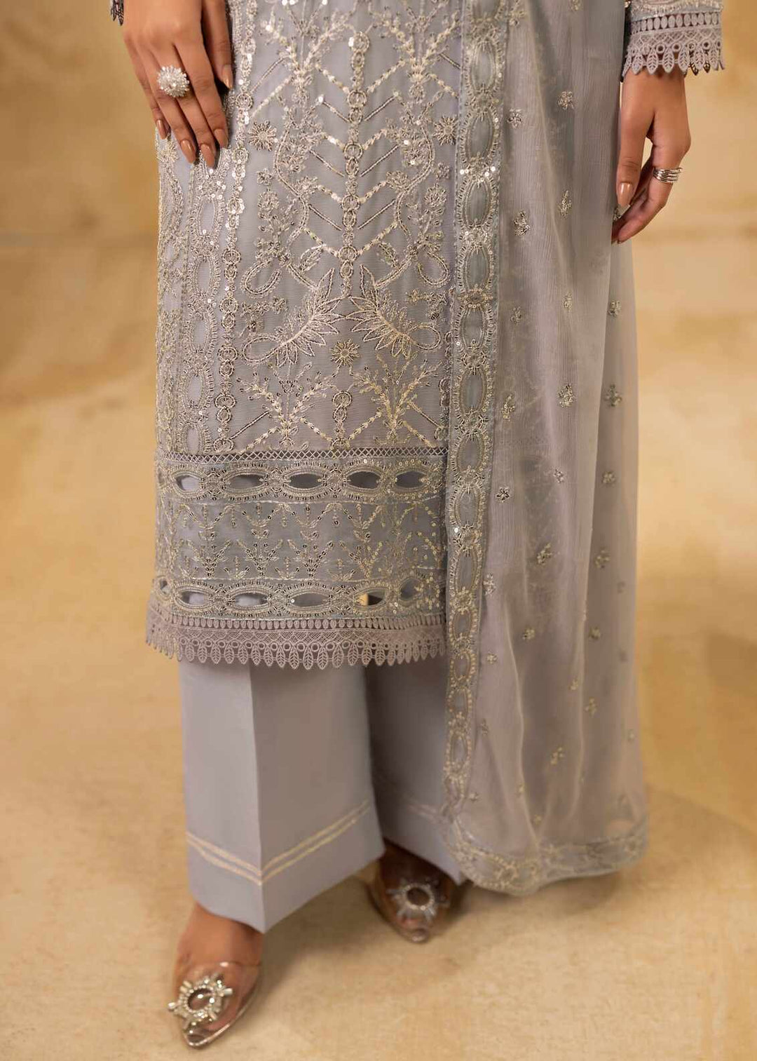 Riwayat by Eileen Pret Embroidered Chiffon 4 Piece Suit C15-Zohra Grey - Festive Collection