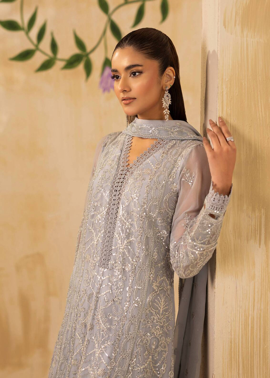 Riwayat by Eileen Pret Embroidered Chiffon 4 Piece Suit C15-Zohra Grey - Festive Collection