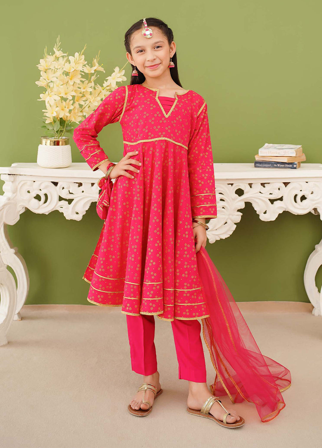 Modest Girls Pret Printed 3 Piece Linen Pink Suit D-07 - Festive Collection