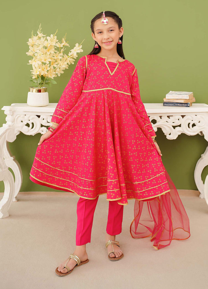 Modest Girls Pret Printed 3 Piece Linen Pink Suit D-07 - Festive Collection