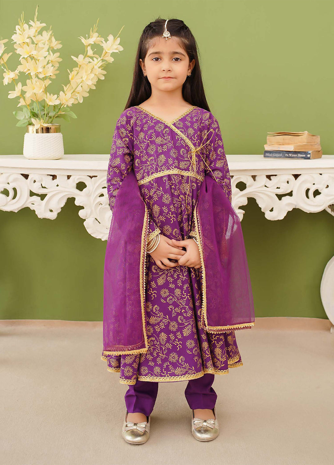 Modest Girls Pret Printed 3 Piece Linen Purple Suit D-08 - Festive Collection