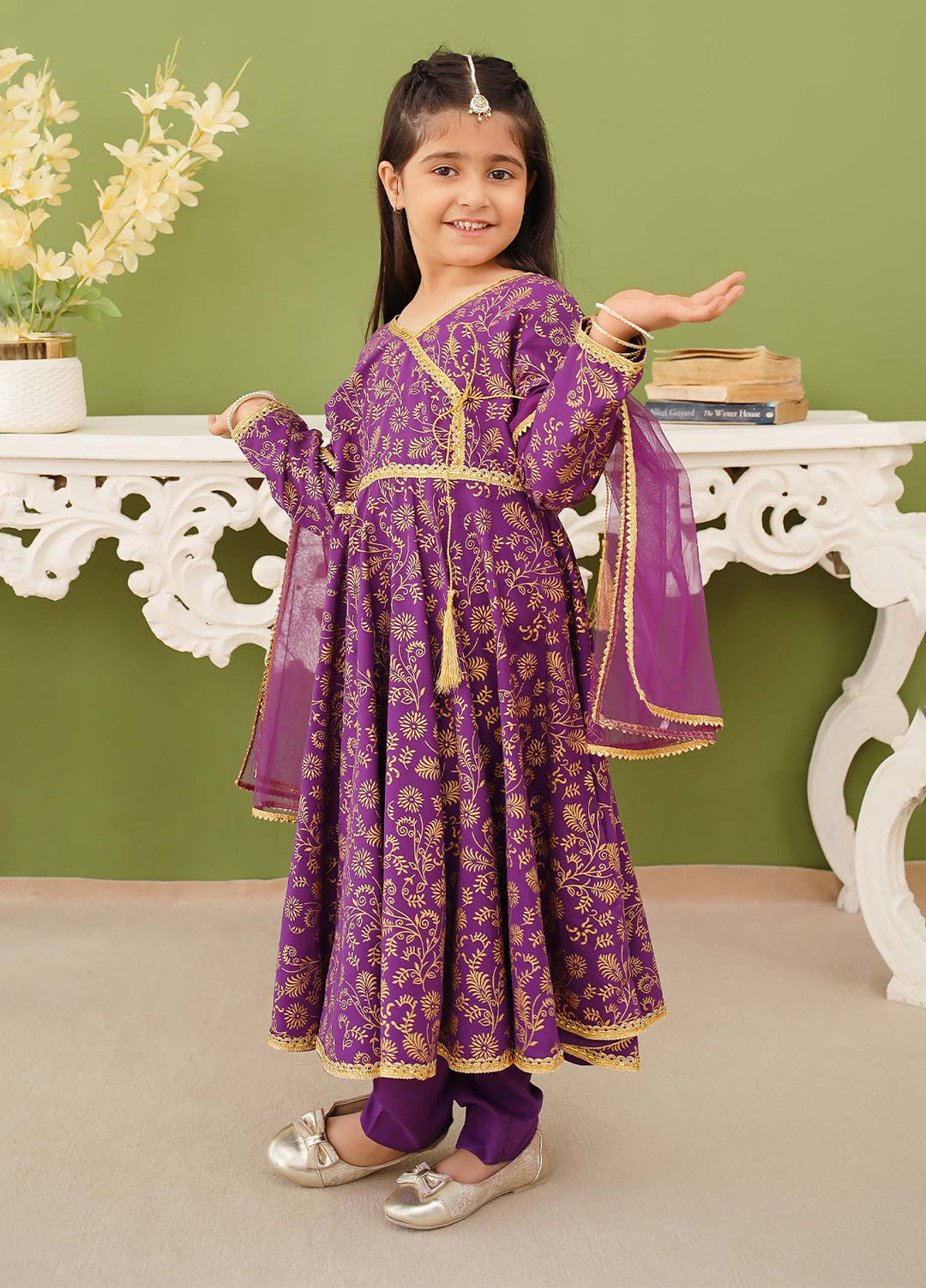 Modest Girls Pret Printed 3 Piece Linen Purple Suit D-08 - Festive Collection